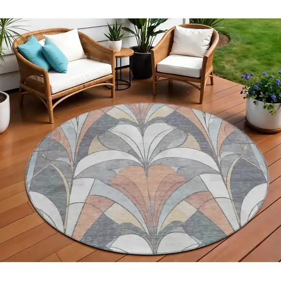8' Gray Copper And Ivory Round Geometric Washable Indoor Outdoor Area Rug Photo 2