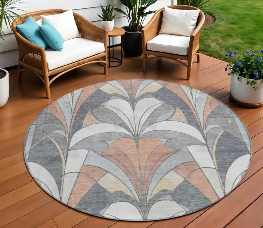 8' Gray Copper And Ivory Round Geometric Washable Indoor Outdoor Area Rug Photo 2