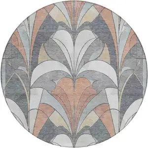 Photo of 8' Gray Copper And Ivory Round Geometric Washable Indoor Outdoor Area Rug