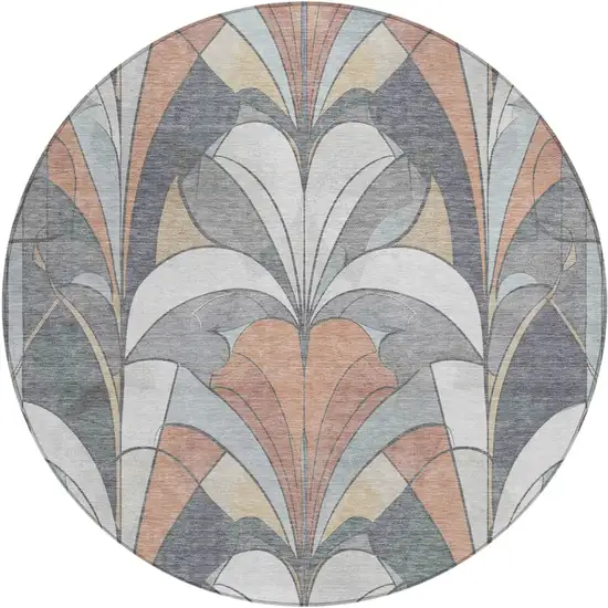 8' Gray Copper And Ivory Round Geometric Washable Indoor Outdoor Area Rug Photo 1