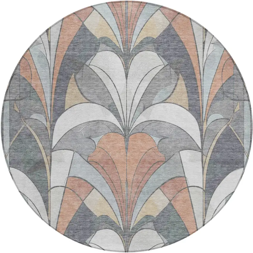 8' Gray Copper And Ivory Round Geometric Washable Indoor Outdoor Area Rug Photo 1