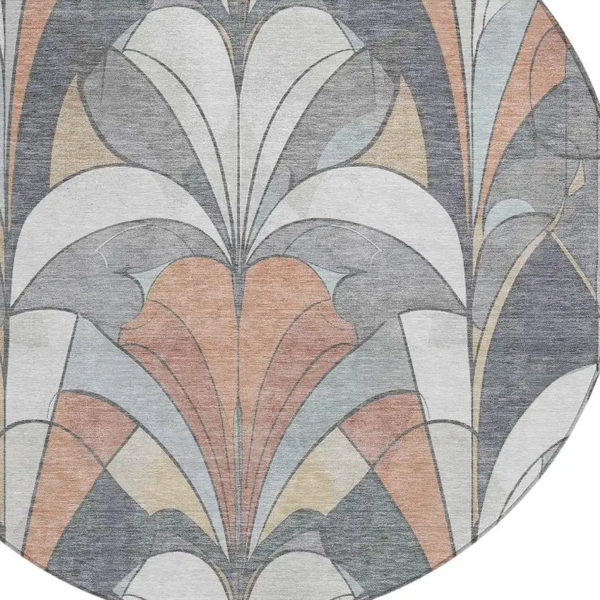 8' Gray Copper And Ivory Round Geometric Washable Indoor Outdoor Area Rug Photo 6