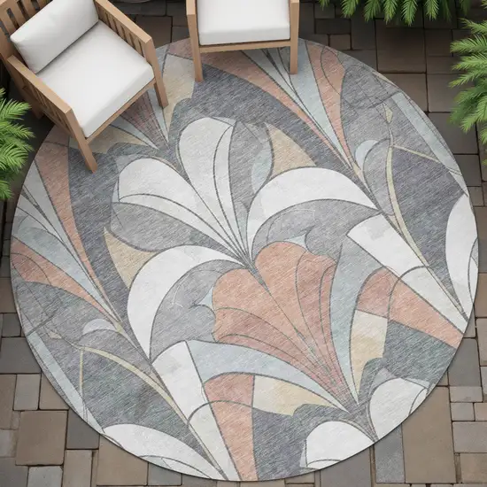 8' Gray Copper And Ivory Round Geometric Washable Indoor Outdoor Area Rug Photo 9