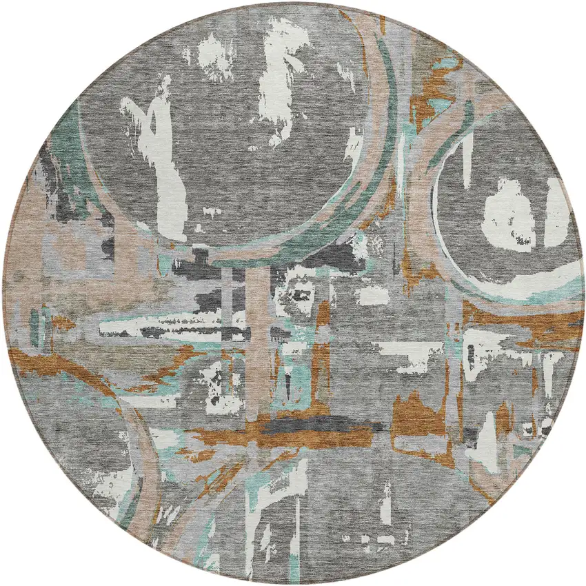 8' Gray Copper And Mint Green Round Geometric Washable Indoor Outdoor Area Rug Photo 2