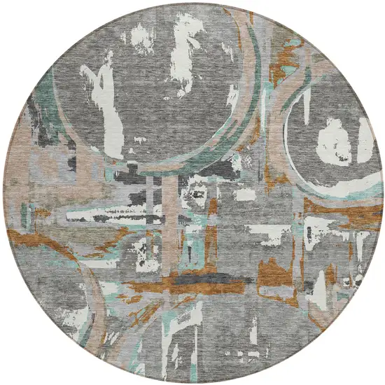 8' Gray Copper And Mint Green Round Geometric Washable Indoor Outdoor Area Rug Photo 2