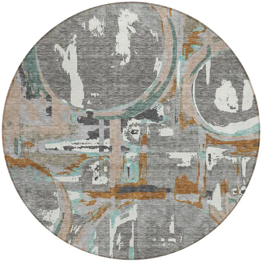 8' Gray Copper And Mint Green Round Geometric Washable Indoor Outdoor Area Rug Photo 2