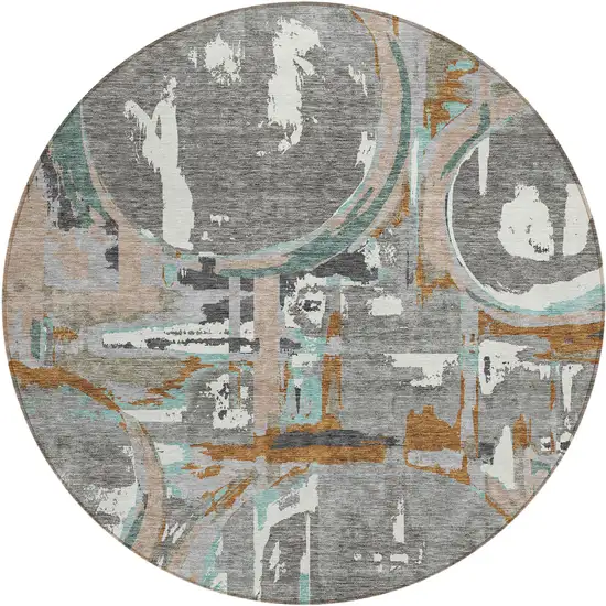 8' Gray Copper And Mint Green Round Geometric Washable Indoor Outdoor Area Rug Photo 2