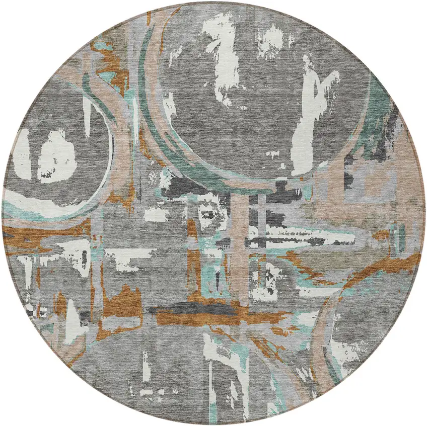 8' Gray Copper And Mint Green Round Geometric Washable Indoor Outdoor Area Rug Photo 5