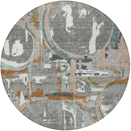 8' Gray Copper And Mint Green Round Geometric Washable Indoor Outdoor Area Rug Photo 5