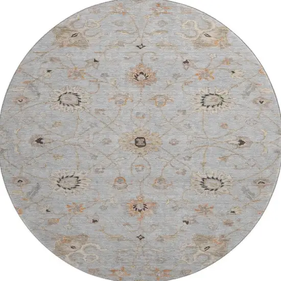 8' Gray Copper And Silver Floral Washable Round Rug With UV Protection Photo 2