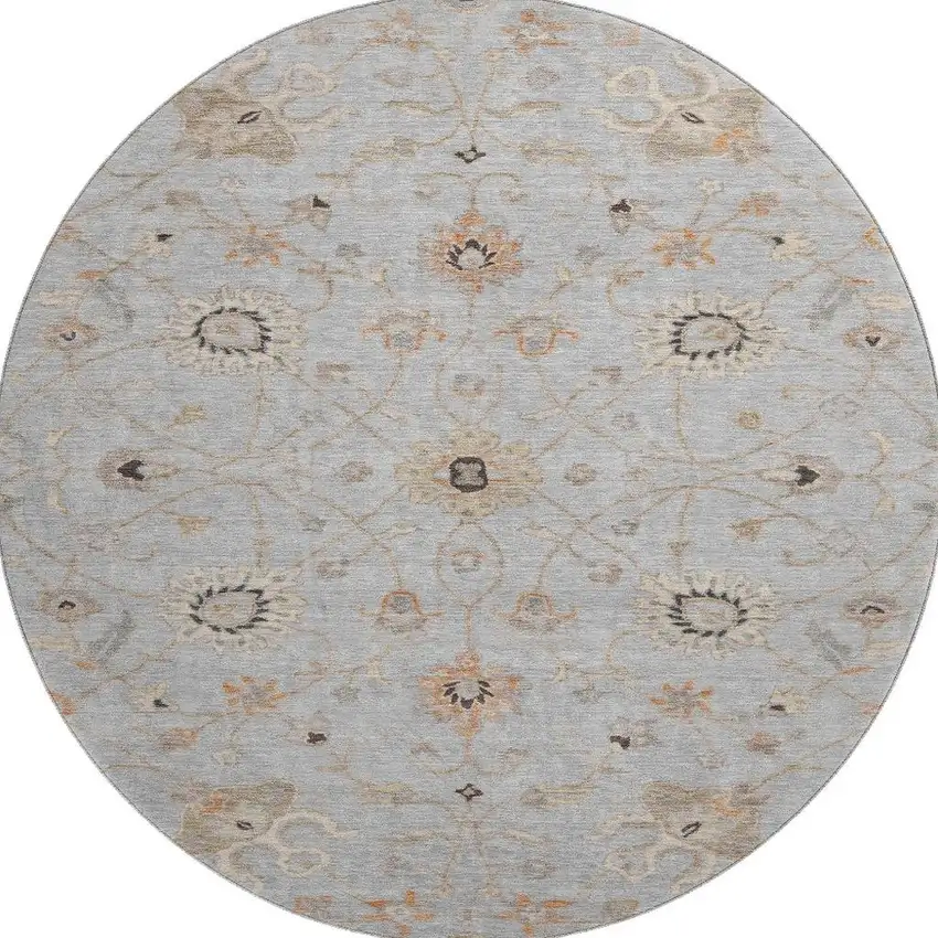 8' Gray Copper And Silver Floral Washable Round Rug With UV Protection Photo 2