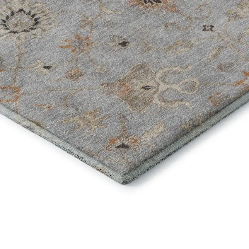 8' Gray Copper And Silver Floral Washable Round Rug With UV Protection Photo 6