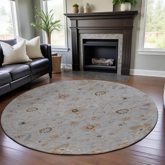 8' Gray Copper And Silver Floral Washable Round Rug With UV Protection Photo 4