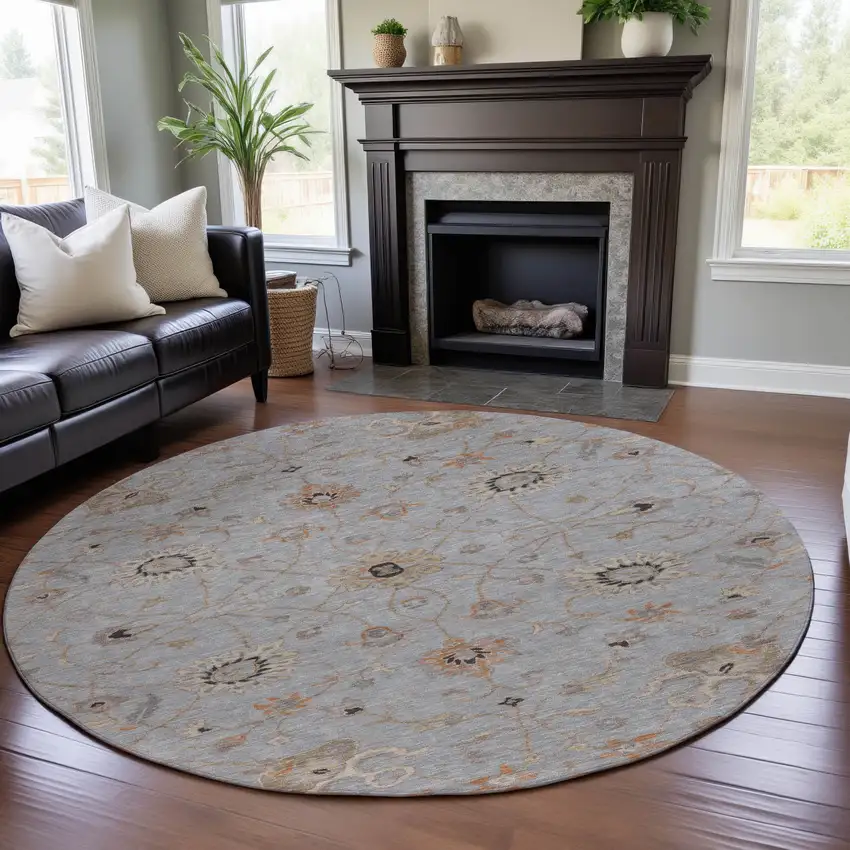 8' Gray Copper And Silver Floral Washable Round Rug With UV Protection Photo 4