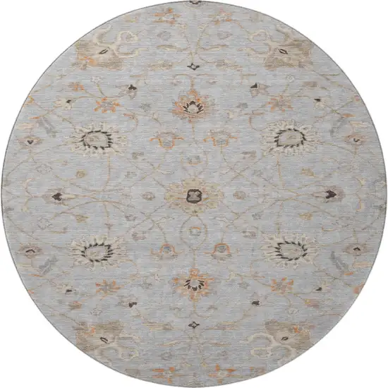 8' Gray Copper And Silver Floral Washable Round Rug With UV Protection Photo 3