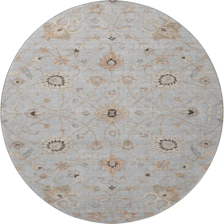 8' Gray Copper And Silver Floral Washable Round Rug With UV Protection Photo 3