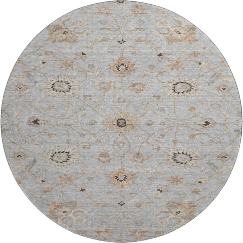 8' Gray Copper And Silver Floral Washable Round Rug With UV Protection Photo 1