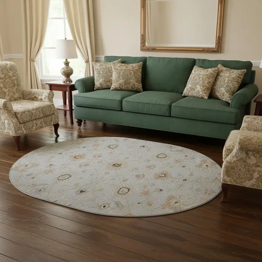 8' Gray Copper And Silver Floral Washable Round Rug With UV Protection Photo 2