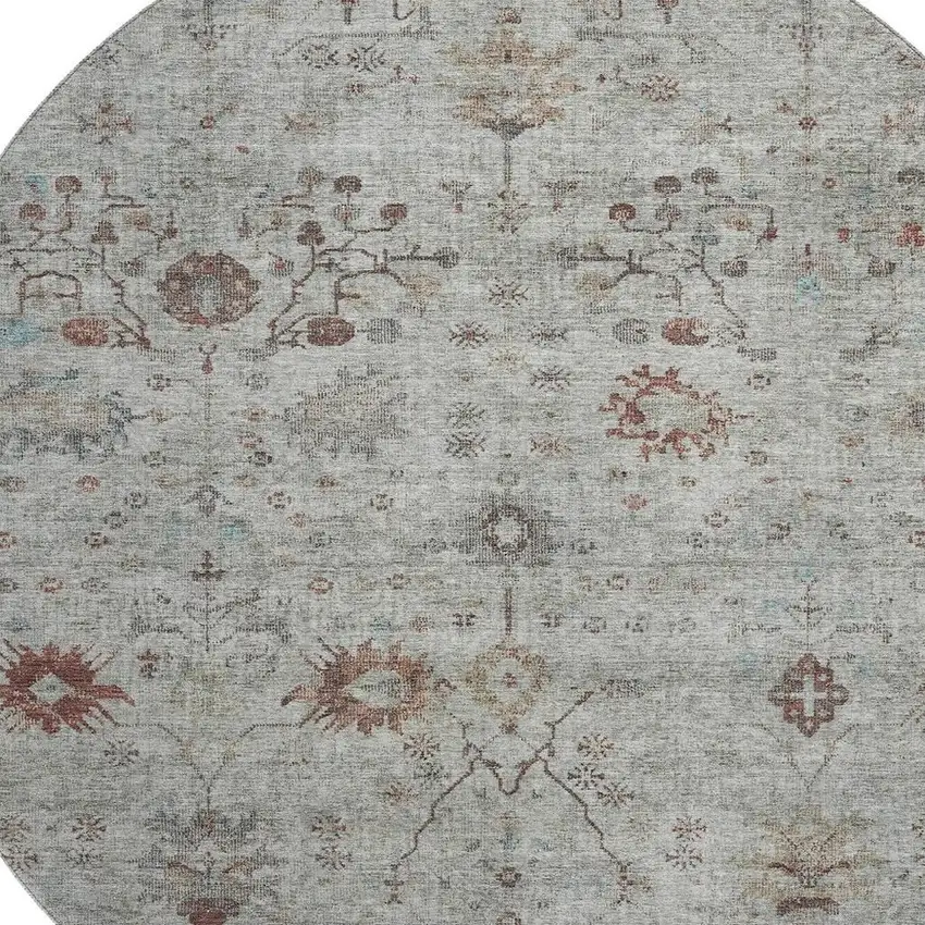 8' Gray Copper And Silver Oriental Washable Round Rug With UV Protection Photo 3