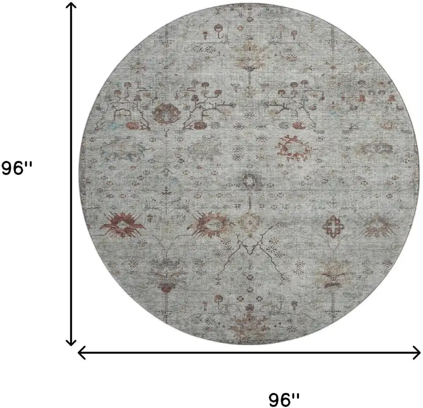 8' Gray Copper And Silver Oriental Washable Round Rug With UV Protection Photo 9