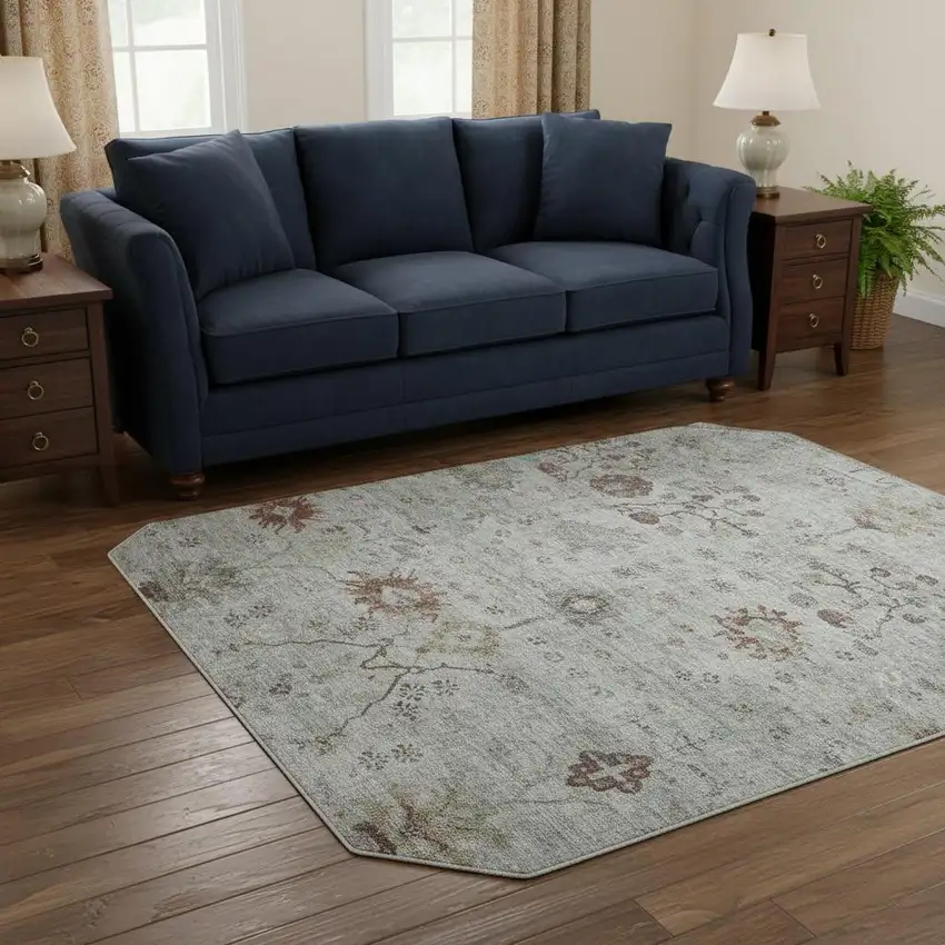 8' Gray Copper And Silver Oriental Washable Round Rug With UV Protection Photo 2