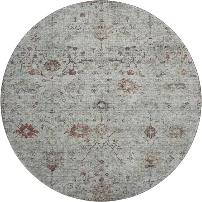 8' Gray Copper And Silver Oriental Washable Round Rug With UV Protection Photo 1