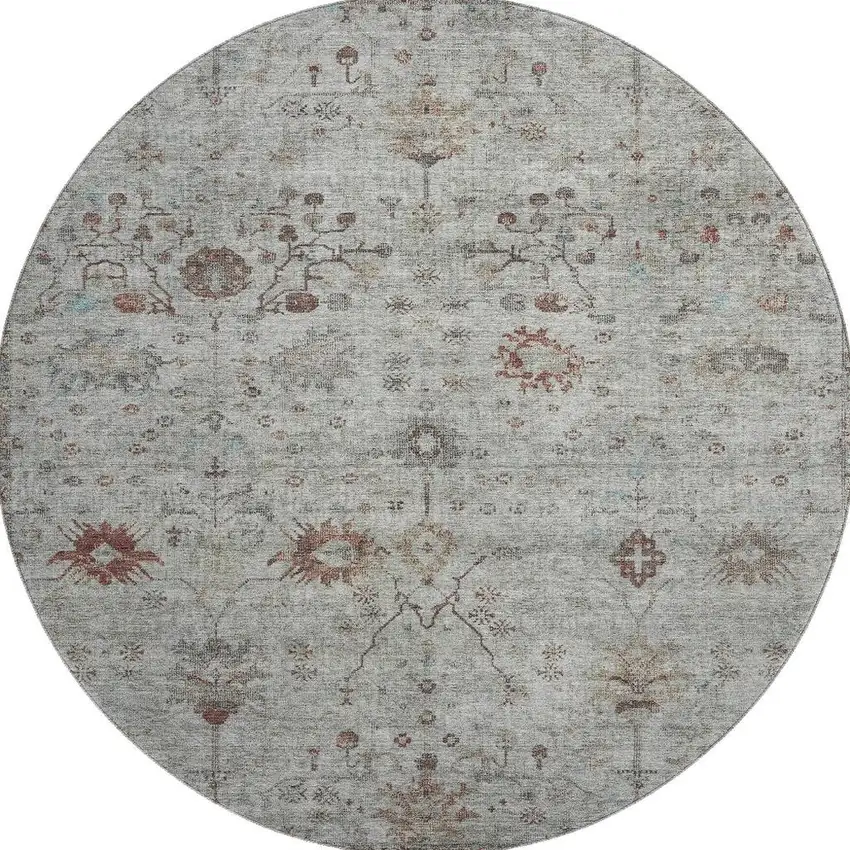 8' Gray Copper And Silver Oriental Washable Round Rug With UV Protection Photo 4