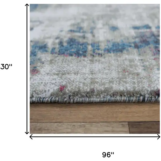 8' Gray Cream Red Blue Purple Pink And Ivory Abstract Hand Carved Handmade Area Rug Photo 6