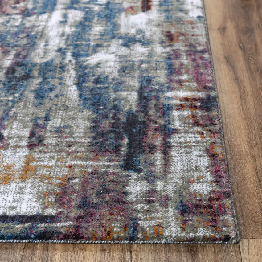 8' Gray Cream Red Blue Purple Pink And Ivory Abstract Hand Carved Handmade Area Rug Photo 3