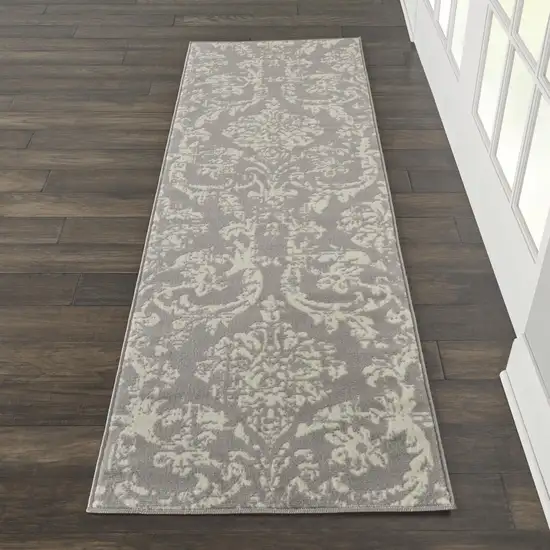 7' Gray Damask Power Loom Runner Rug Photo 7