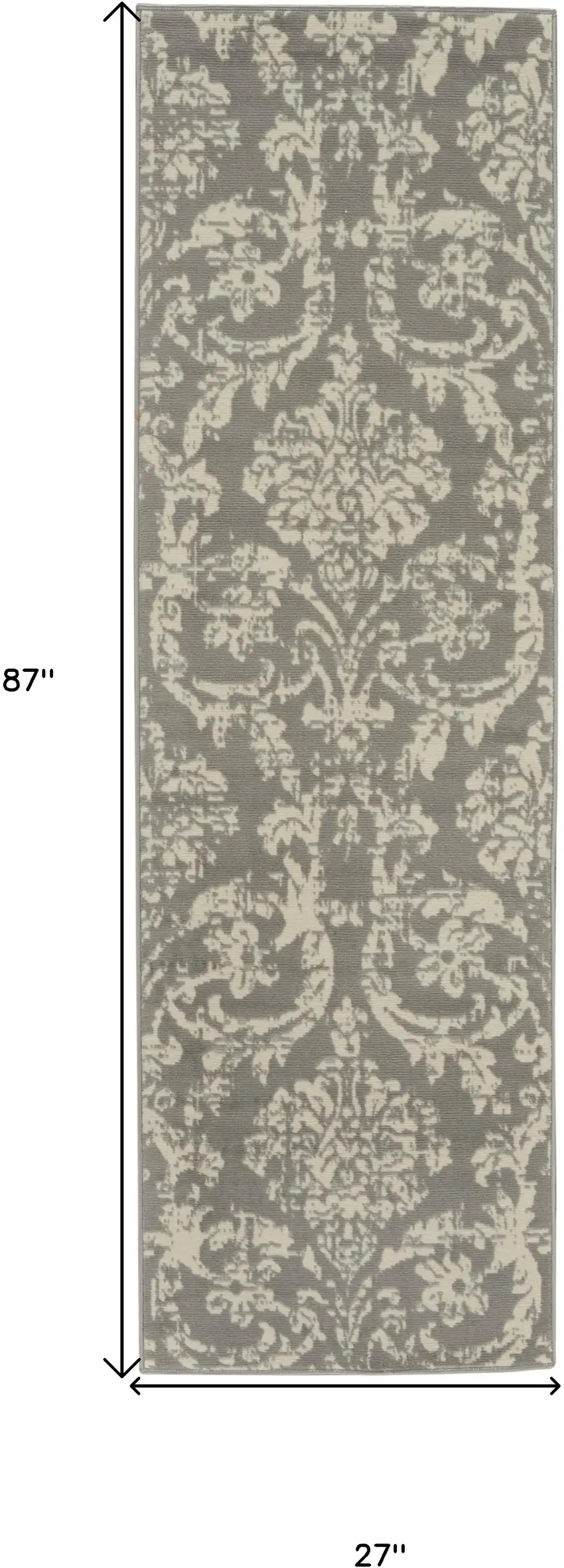 7' Gray Damask Power Loom Runner Rug Photo 6