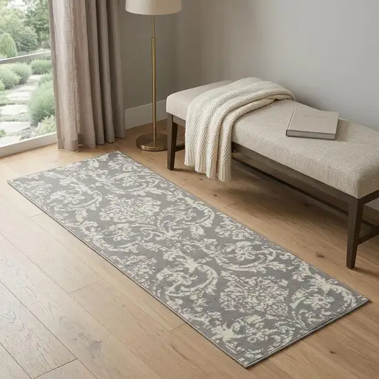 7' Gray Damask Power Loom Runner Rug Photo 1