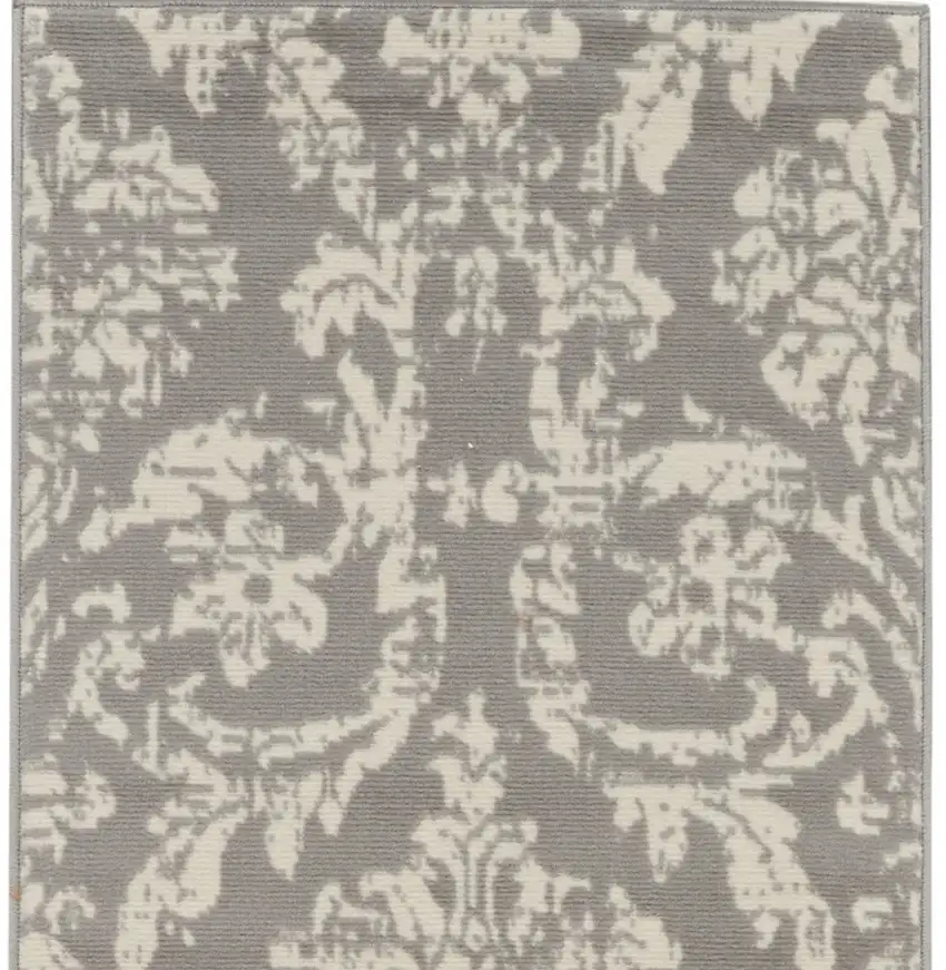 7' Gray Damask Power Loom Runner Rug Photo 4