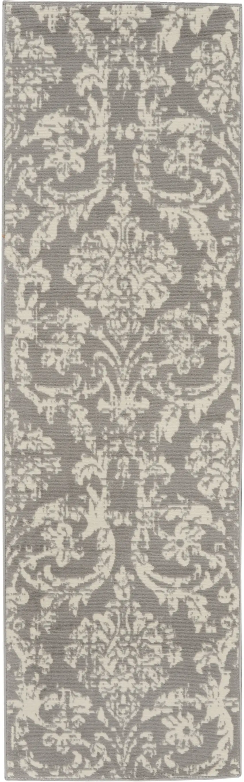 7' Gray Damask Power Loom Runner Rug Photo 2