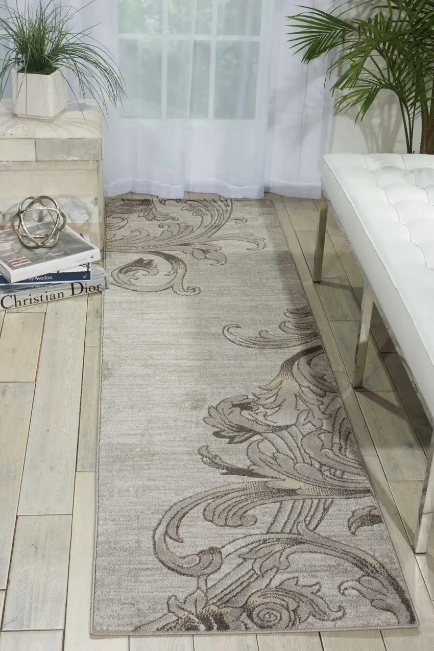 8' Gray Damask Runner Rug Photo 1