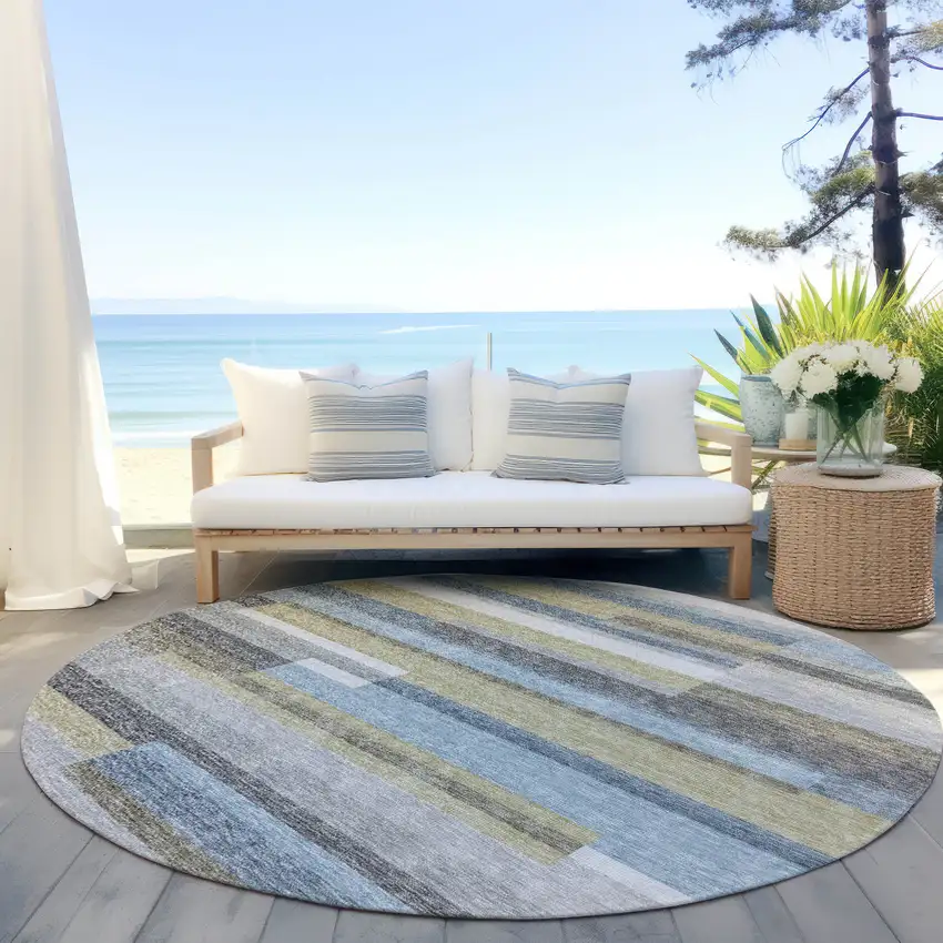 8' Gray Denim Blue And Sky Blue Round Striped Washable Indoor Outdoor Area Rug Photo 7