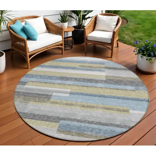 8' Gray Denim Blue And Sky Blue Round Striped Washable Indoor Outdoor Area Rug Photo 1