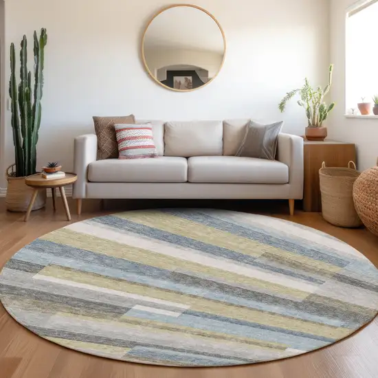 8' Gray Denim Blue And Sky Blue Round Striped Washable Indoor Outdoor Area Rug Photo 8