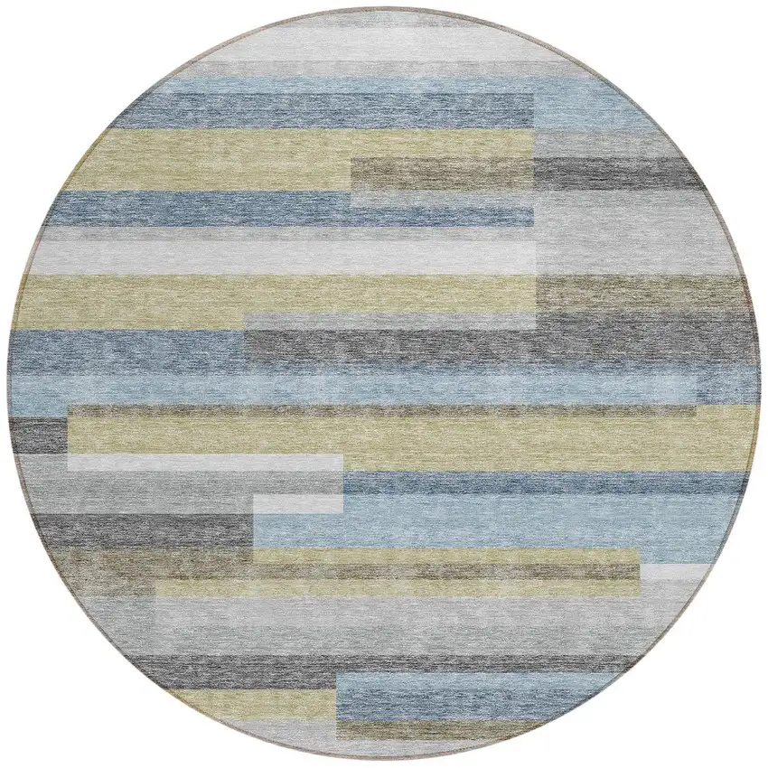 8' Gray Denim Blue And Sky Blue Round Striped Washable Indoor Outdoor Area Rug Photo 6