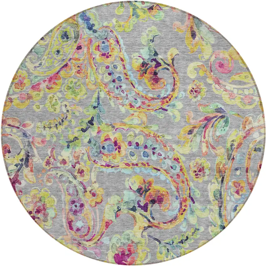 8' Gray Fern Green And Artichoke Green Round Paisley Washable Indoor Outdoor Area Rug Photo 2