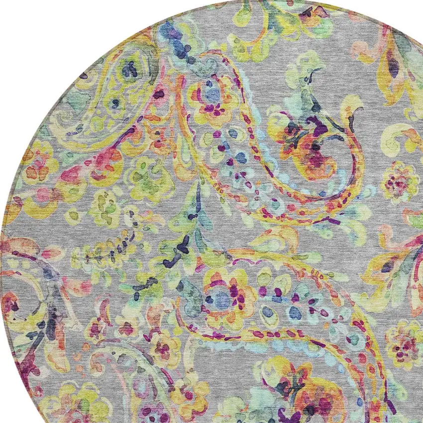 8' Gray Fern Green And Artichoke Green Round Paisley Washable Indoor Outdoor Area Rug Photo 5