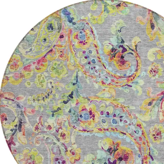 8' Gray Fern Green And Artichoke Green Round Paisley Washable Indoor Outdoor Area Rug Photo 5
