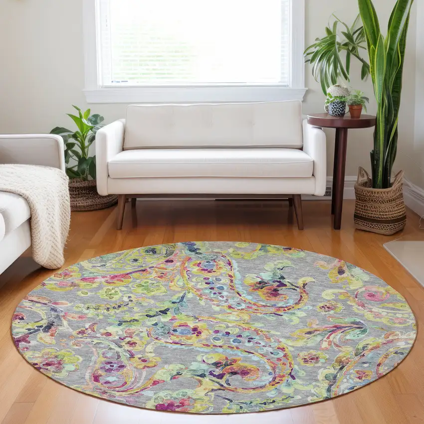 8' Gray Fern Green And Artichoke Green Round Paisley Washable Indoor Outdoor Area Rug Photo 8