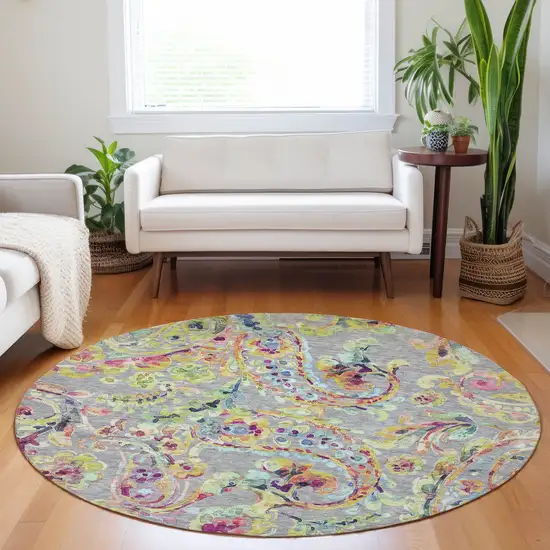 8' Gray Fern Green And Artichoke Green Round Paisley Washable Indoor Outdoor Area Rug Photo 8