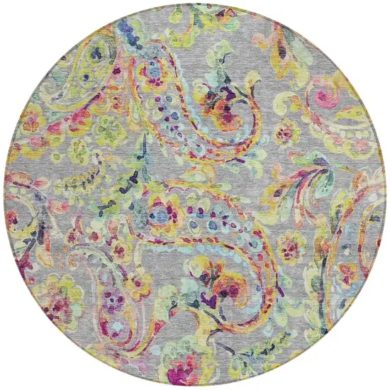 8' Gray Fern Green And Artichoke Green Round Paisley Washable Indoor Outdoor Area Rug Photo 6