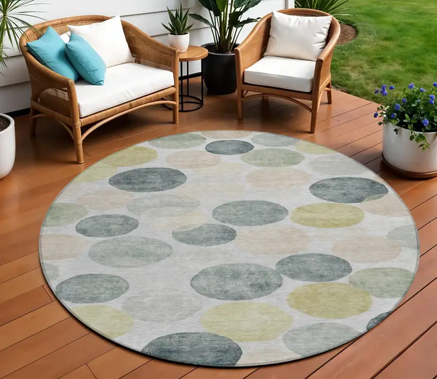 8' Gray Fern Green And Gold Round Geometric Washable Indoor Outdoor Area Rug Photo 2
