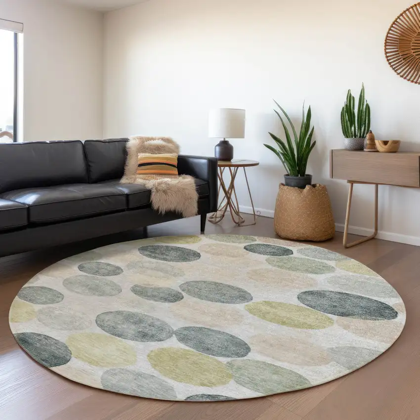 8' Gray Fern Green And Gold Round Geometric Washable Indoor Outdoor Area Rug Photo 6