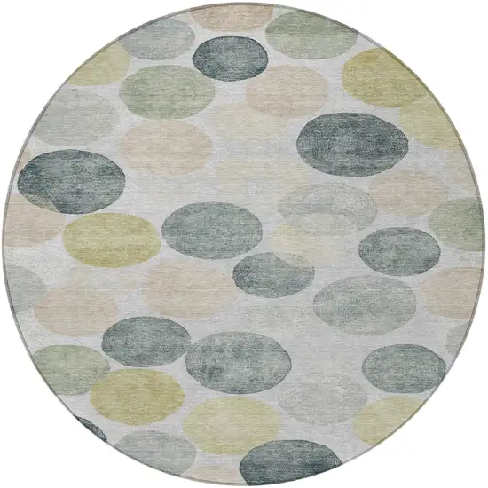 8' Gray Fern Green And Gold Round Geometric Washable Indoor Outdoor Area Rug Photo 4
