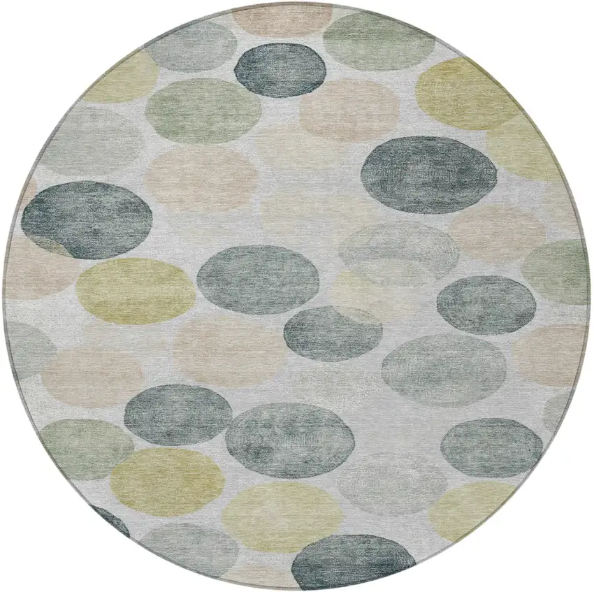 8' Gray Fern Green And Gold Round Geometric Washable Indoor Outdoor Area Rug Photo 4