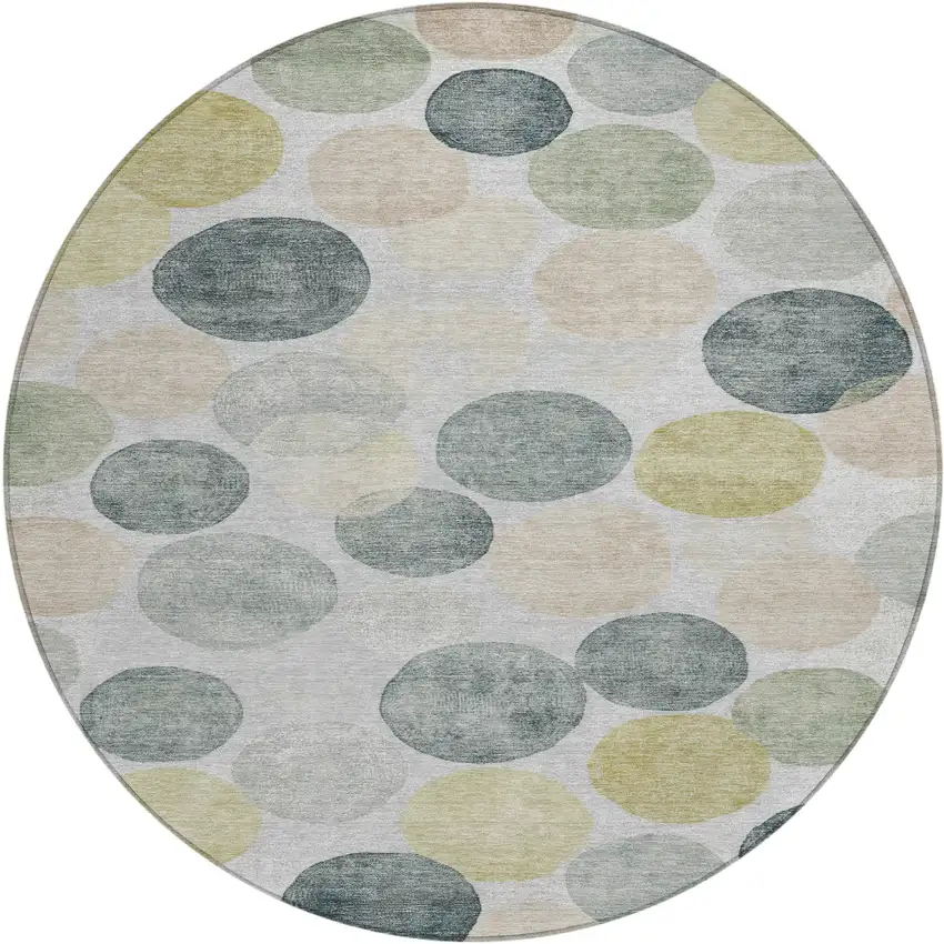 8' Gray Fern Green And Gold Round Geometric Washable Indoor Outdoor Area Rug Photo 1